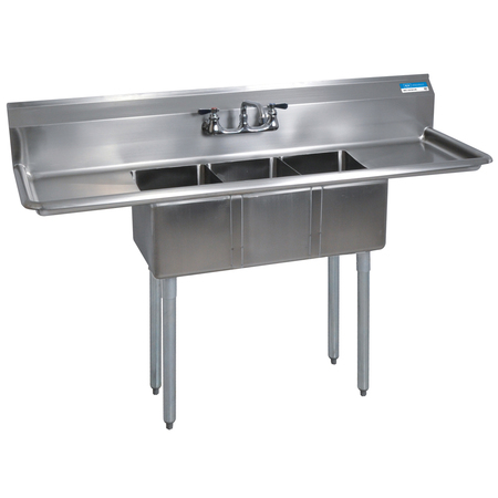 BK RESOURCES 19.8125 in W x 60 in L x Free Standing, Stainless Steel, Three Compartment Sink BKS-3-1014-10-15TS